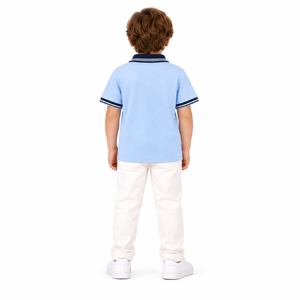 Polo bleu clair pour garçons, col contrastant marine, poche poitrine rayée, manches courtes, haut décontracté en coton pour l'été - Product Image 6