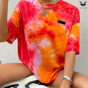T-shirt en tricot tie-dye pour femmes, col rond, manches courtes, polyester 95% élasthanne 5%, style pull, t-shirts oversize - Product Image 3
