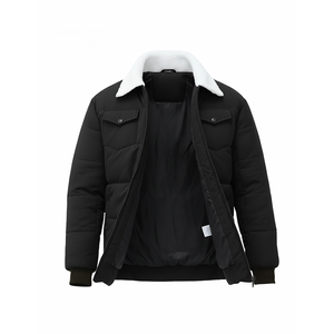 Chaqueta acolchada negra con cuello de sherpa para hombre, abrigo cálido con cremallera y bolsillos con solapa, ropa exterior informal para exteriores - Product Image 2