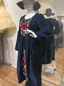 <b>Boho</b> <b>Style</b> Velvet Eco-Friendly Woven Dress with Floral Embroidery Full Sleeve O-Neck Loose Fit Floor-Length Autumn Casual Wear - Product Image 5