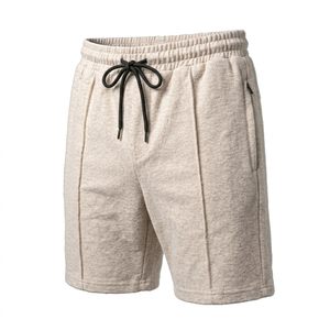 Shorts pour hommes en mélange coton-polyester beige, taille à cordon de serrage, couleur unie, tissu tricoté respirant, poches, taille mi-haute - Product Image 2