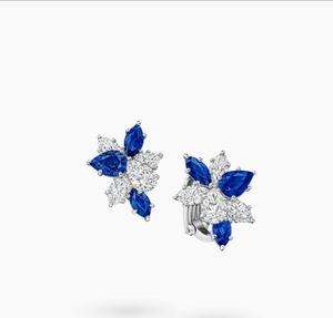 Luxury Marquise & Pear Vivid Blue Lab Diamond Floral Motif Botanical Solid <b>Stud</b> <b>Earring</b> in White Gold Prong Setting by RAAMAA - Product Image 2