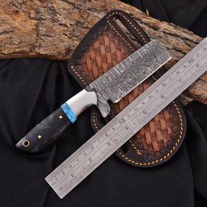 มีดคาวบอยเหล็กดามัสกัสทำมือขนาด 7 นิ้ว สำหรับล่าสัตว์กลางแจ้ง ใบมีดแบบ Fixed Blade ด้ามทำจากเขาควายและเทอร์ควอยซ์ - Product Image 4