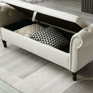 63\" Velvet Rectangular Sofa <b>Stool</b> with Multifunctional Storage Solid Wood Legs Tufted Nailhead Trim 1 Pillow <b>Bedroom</b> Furniture - Product Image 3