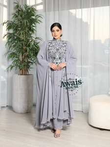 Avais House Women's Gray Modest Abaya High Neck Long Sleeve Floor Length Beaded Embroidered Plus Size Evening Party Wear - Product Image 5