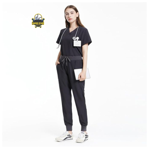 Ensemble de blouses médicales pour femmes en coton et polyester tricoté, haut à col en V et pantalon de jogging, uniformes médicaux d'hôpital, noir - Product Image 4