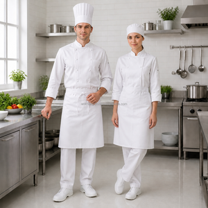 White Chef Uniform Set Cotton Long Sleeve Button Closure Unisex <b>Kitchen</b> Workwear for Restaurant & Bar - Product Image 1