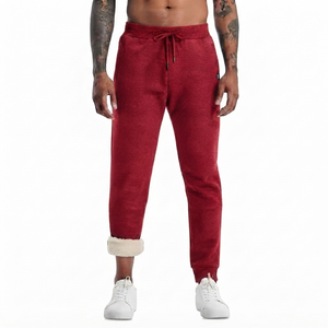 Manufacturer Men's Burgundy Sherpa Lined Fleece <b>Linen</b>/Cotton Anti-Pilling Lightweight Warm Spring Joggers Athletic Gym - Product Image 1