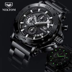 Nektom Quartz <b>Watch</b> <b>Men</b> Chronograph Sport Waterproof Luminous <b>Black</b> Steel Band - Product Image 3