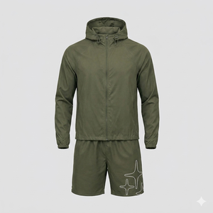 Ensemble survêtement d'été personnalisé pour homme, coupe-vent à capuche vert olive, couleur unie, sportif, séchage rapide, en polyester tricoté, vente en gros - Product Image 1