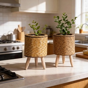 <b>Round</b> Rattan Plant Holders For <b>Small</b> Indoor Plants Stylish <b>Table</b> Decor Pots For Home Kitchen And Cafe Styling From India - Product Image 2