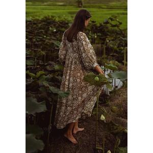 Vestido Boho con Estampado Floral/Unicolor, Cintura Natural, Largo hasta la Rodilla, Cuello en V, Manga Larga, Corte Holgado, Tejido de Punto de Algodón, Verano, Casual, Ecológico - Product Image 3