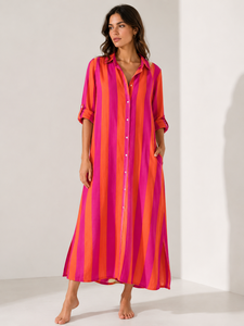 Custom Striped Printed Pure Cotton <b>Kaftan</b> Dress Women <b>Summer</b> Casual Boho Maxi Dress Long Sleeve Beach Wear Loose Fit Gown - Product Image 1