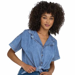 Chemise en jean pour femme à manches courtes, couleur unie, coupe décontractée, style cache-cœur à nouer, en coton délavé, style été - Product Image 3