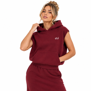 Hot Selling Burgundy Women's Sleeveless Hooded Vest Maxi Skirt <b>Tracksuit</b> Custom Logo High GSM Fleece Cotton Blank <b>Y2K</b> Loungewear - Product Image 2