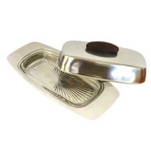 จานใส่เนยรูปวงรีสแตนเลสสีเงินสุดหรู ทันสมัย ปลอดภัยสำหรับเครื่องล้างจาน ผิวเงาสวยงาม ภาชนะใส่เนยสำหรับโต๊ะอาหาร - Product Image 1