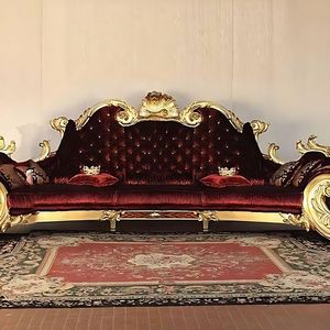 Luxury Solid Teak <b>Wood</b> <b>Sofa</b> Set French Rococo Burgundy Velvet 5 Seater Curved <b>Sofa</b> Round Coffee Table Royal Villa Living Room - Product Image 1