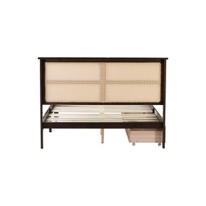 Lit rembourré pleine grandeur Espresso avec tête de lit en rotin, soutien amélioré, pieds surélevés, deux tiroirs de rangement en bois d'hévéa - Product Image 5