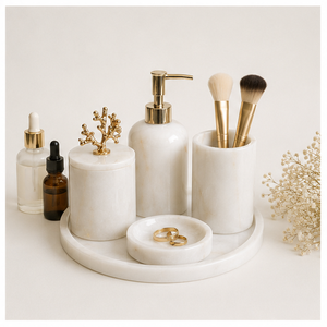Ensemble de salle de bain en marbre blanc naturel de qualité supérieure, 5 accessoires de bain luxueux faits à la main avec détails en corail doré pour hôtels et maisons - Product Image 4