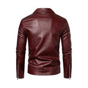 Blouson moto en cuir PU bordeaux pour homme, col rabattu, fermeture éclair, coupe ajustée, manches classiques, couleur unie, idéal pour l'automne - Product Image 2