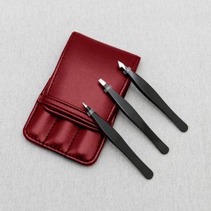 Set Professionale di 3 Pinzette di Precisione per Sopracciglia Nere con Custodia in Pelle Bordeaux - Product Image 2