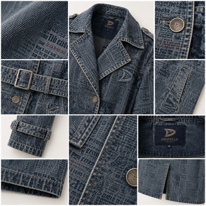 Chaqueta de Mezclilla Lavada Estilo Vintage, Larga, con Cinturón, para Hombre, Unisex, Gabardina, Logotipo Personalizado, Gris Azul, Estampado de Periódico, Ropa Exterior - Product Image 4