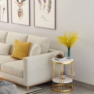 Table basse ronde moderne en bois blanc, table d'appoint de chevet pour chambre à coucher avec pieds en fer thermolaqué doré, meubles et tables - Product Image 4