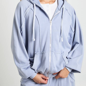 Garment Dyed Women's Custom Full Zip Distressed Hoodies <b>Oversized</b> <b>Sweatpants</b> Sets Wholesale Lifestyle Streetwear Manufacturer - Product Image 5