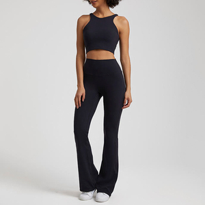 Conjunto de Yoga de 2 Piezas sin Costuras, Top Corto y Leggings de Cintura Alta, Color Sólido, Espalda Cruzada, Sin Mangas, Tela Elástica - Product Image 3