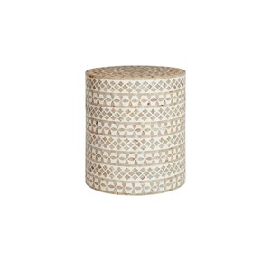 Tabourets décoratifs géométriques floraux incrustés de nacre beige naturel et blanc, faits à la main, en mosaïque ronde, support de plantes unique - Product Image 1