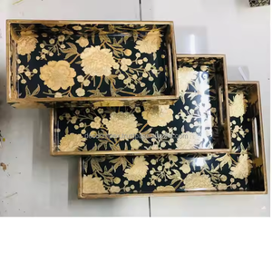 Plateaux en bois sur mesure avec imprimés floraux disponibles en taille empilée de 3 plateaux idéaux pour la revente à la maison par décoration - Product Image 2