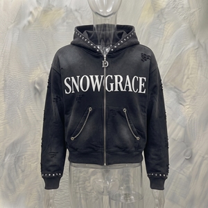 เสื้อฮู้ดซิป Snowgrace สีดำ พิมพ์ลายตัวอักษรประดับเพชร สไตล์สตรีทแวร์ เสื้อกันหนาวผู้ชาย ทรงปกติ - Product Image 3