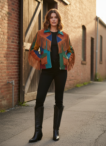 Premium Colorful Panel Work Western Fringe <b>Suede</b> Leather <b>Jacket</b> boho style - Product Image 5