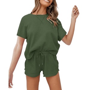 Conjunto Casual de Dos Piezas para Mujer, Verano, Jersey y Pantalones Cortos, Tejido de Punto, Corte Holgado con Decoración de Encaje, para Casa y Deportes - Product Image 3