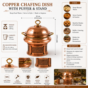Luxury Pure Copper Round Chafing Dish with Brass Handles & Lid, <b>Buffet</b> Food Warmer, Hotel Catering <b>Server</b>, Restaurant Chafer - Product Image 5