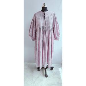 Ethnic Boho Pink Geometric Hand Print Cotton Midi <b>Dress</b> With Tie Neck Short Puff Sleeve <b>Loose</b> Fit Casual <b>Dress</b> For Women - Product Image 1