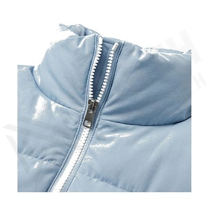Light Blue Quilted Puffer Jacket Full Sleeve Stand Collar Windproof Winter Thick Polyester Wadding Short Length - Product Image 4