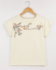 Camiseta de Mujer con Bordado Floral, Manga con Volantes, Cuello Redondo, Tejida, Informal, para Verano - Product Image 1
