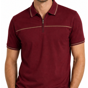 Polo pour homme de haute qualité, couleur bordeaux, avec fermeture éclair, passepoil crème, anti-humidité, style streetwear - Product Image 2