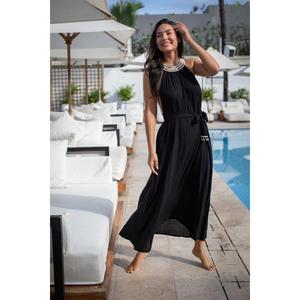 เดรสยาวสีดำแบบผูกคอสำหรับผู้หญิง ดีไซน์หรูหราประดับลูกปัดที่คอ สไตล์โบฮีเมียน เหมาะสำหรับใส่ไปชายหาด ชุดเดรสแขนกุดสำหรับฤดูร้อน พร้อมเข็มขัด - Product Image 1