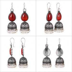 Pendientes Jhumka de Plata Oxidada Roja Vintage con Flecos de Perlas para Mujer - Product Image 5