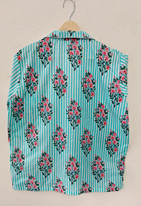 Ensemble de pyjama d'été luxueux en coton imprimé à la main motif floral vert marin, respirant et écologique, avec haut boutonné - Product Image 5