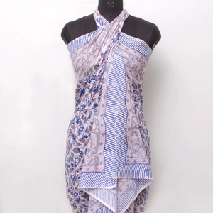 Women’s Cotton Blue Floral Block Print <b>Sarong</b> Beach <b>Wrap</b> Lightweight Pareo Swim Cover Up Shawl. - Product Image 1