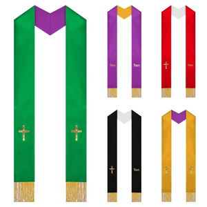 Étole de prêtre moderne réversible double face, broderie croix dorée, vert, 100% polyester, taille et couleur personnalisables, pour église - Product Image 1