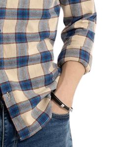 Custom <b>Men</b> Beige Blue Check Casual <b>Shirt</b> Cotton Polyester Long Sleeve Button Down Plaid <b>Shirt</b> For Wholesale OEM Supply Export - Product Image 6