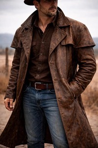 Manteau en cuir véritable, manteau long de cowboy western brun vieilli, trench-coat en cuir vintage - Product Image 4