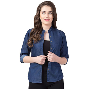 Camisa Vaquera Occidental de Alta Calidad para Mujer, Estilo Cowgirl, Manga Larga, Color Azul Oscuro Sólido, con Botones - Product Image 5