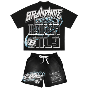 Wholesale Mens Solid Color 2 Pcs Short Set Mens Summer <b>Tshirt</b> and Shorts Set customized DTG print tee and shorts for unisex - Product Image 4