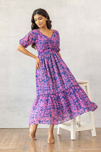 Robe midi décontractée d'été pour femme, coupe ample, épaules dénudées, imprimé floral, manches bouffantes, taille élastique, ligne A, avec poches - Product Image 4