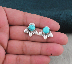 Pendientes de Plata 925 con Turquesa del Suroeste, Engaste de Bisel, Hechos a Mano, Piedra Azul, Hoja Floral, Estilo Vintage Nativo, para Compromiso - Product Image 4